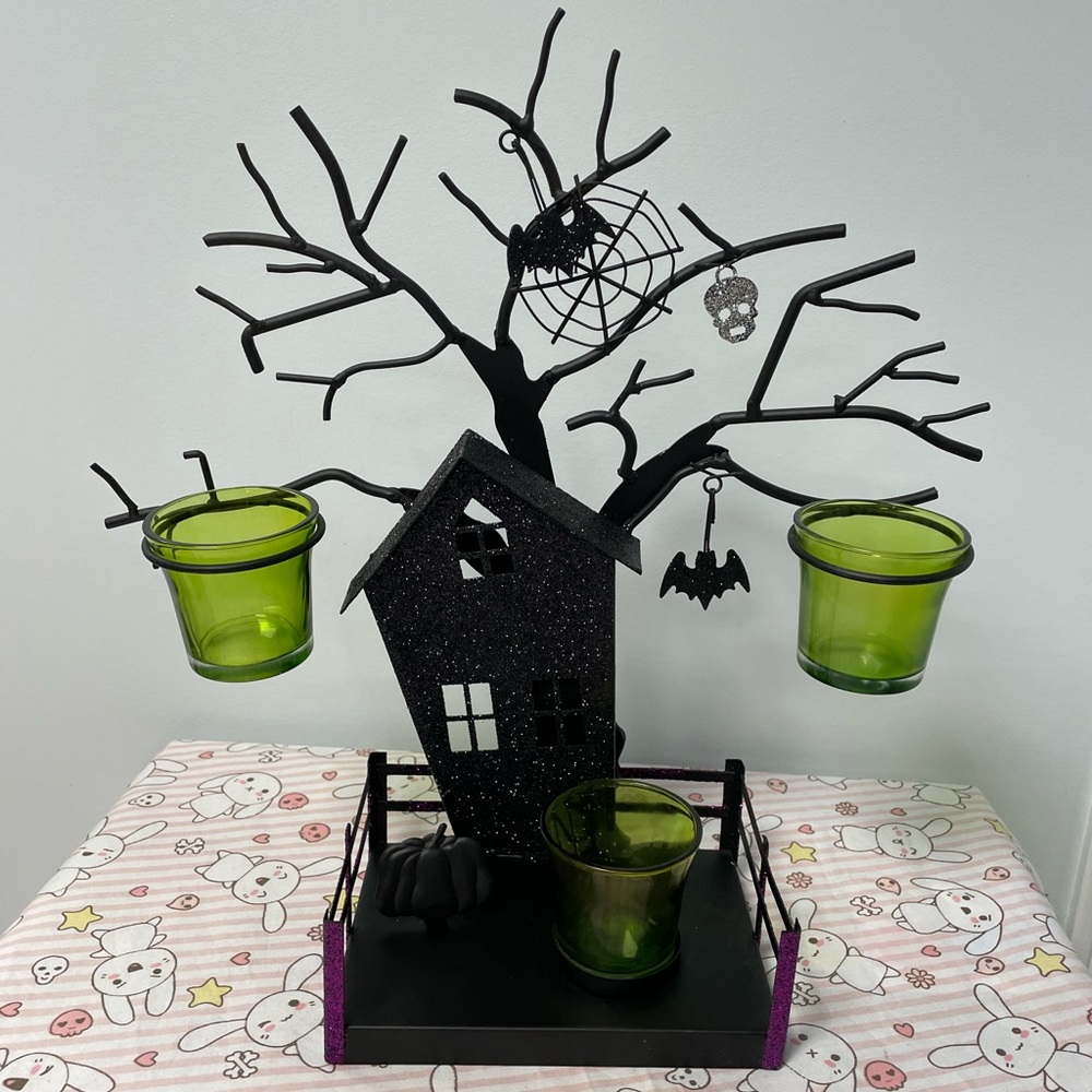 Haunted House Halloween Candle Holder Mini Candles Diorama Spooky Tree Pumpkin